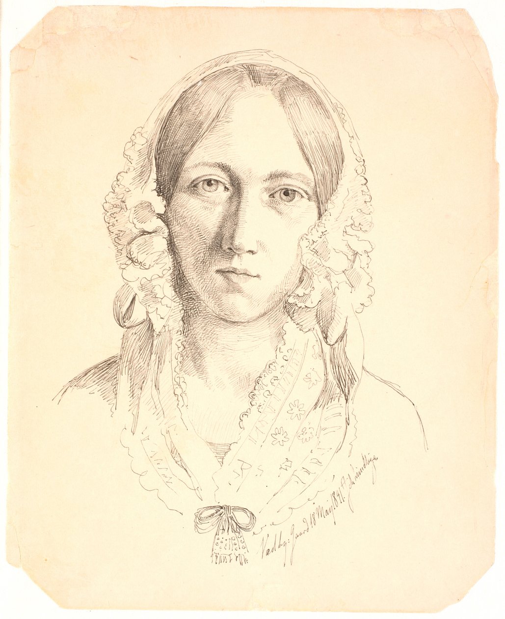 若い女性のポートレート、片面。 ルイーズ・マリー・ネルガード (1816-1895) を代表する可能性がある 作： ヨハン・トーマス・ランドバイ