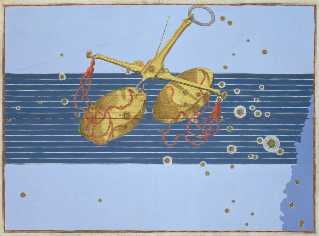 天秤座の星座、ヨハンバイエルの「ウラノメトリア」から、アレクサンダーメイル（1559-c.1616）1603（手彩色の銅の彫刻） 作： ヨハン・バイエル
