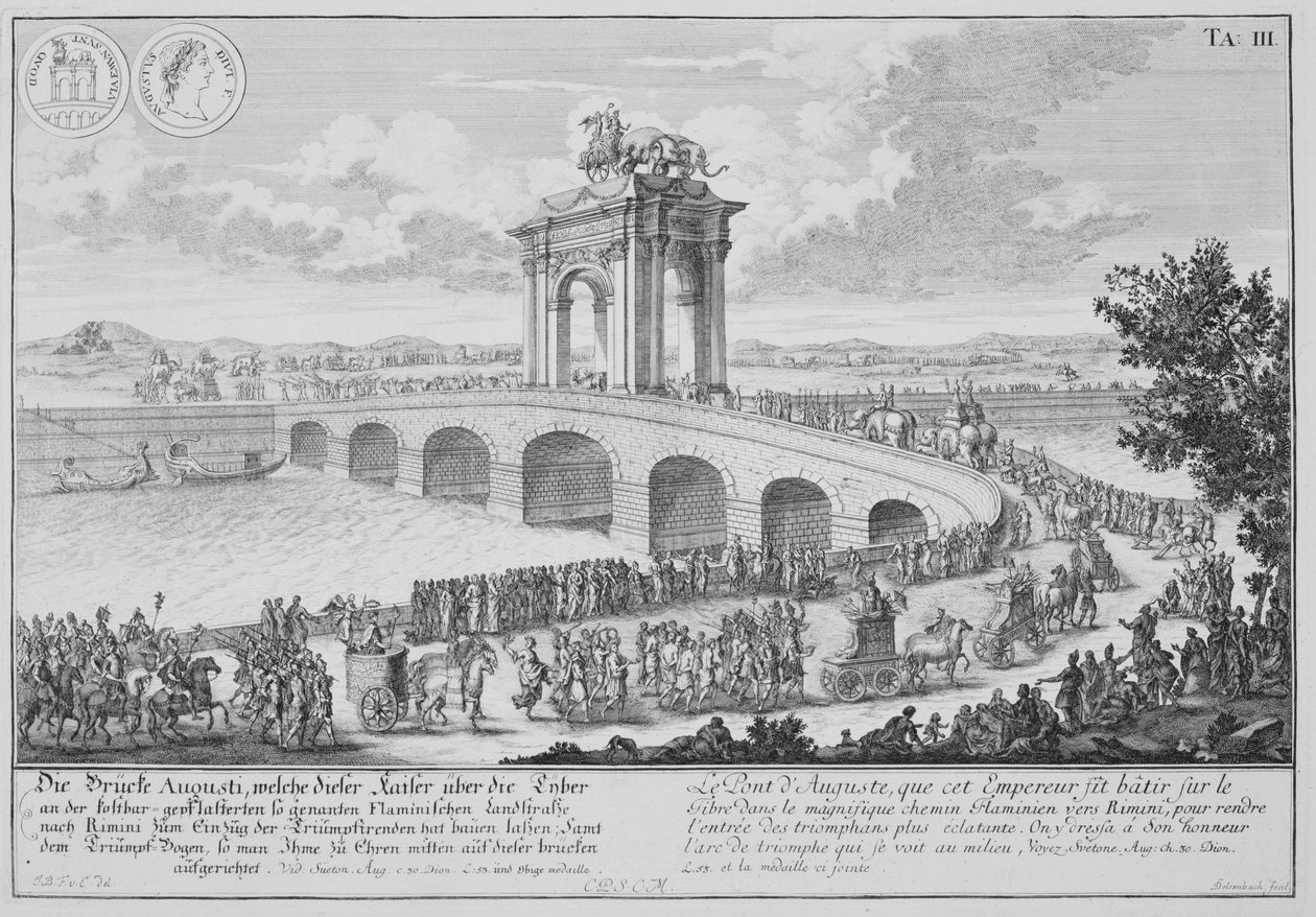 ヨハンアダムデルゼンバッハ（1687-1765）1721によって彫刻された「歴史的建築の設計」からのイタリア、リミニ近くのフラミニア通りのアウグストゥス橋 作： エルラッハのヨハン・ベルンハルト・フィッシャー