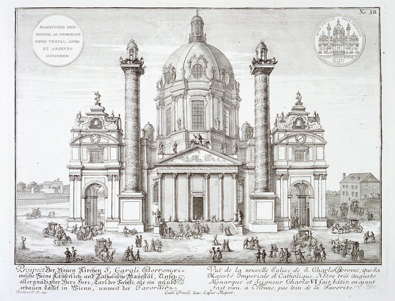 ヨハンアダムデルゼンバッハ（1687-1765）、1721年に彫刻された「歴史的建造物の設計」からのウィーン、聖チャールズボロメオ教会（1538-84） 作： エルラッハのヨハン・ベルンハルト・フィッシャー