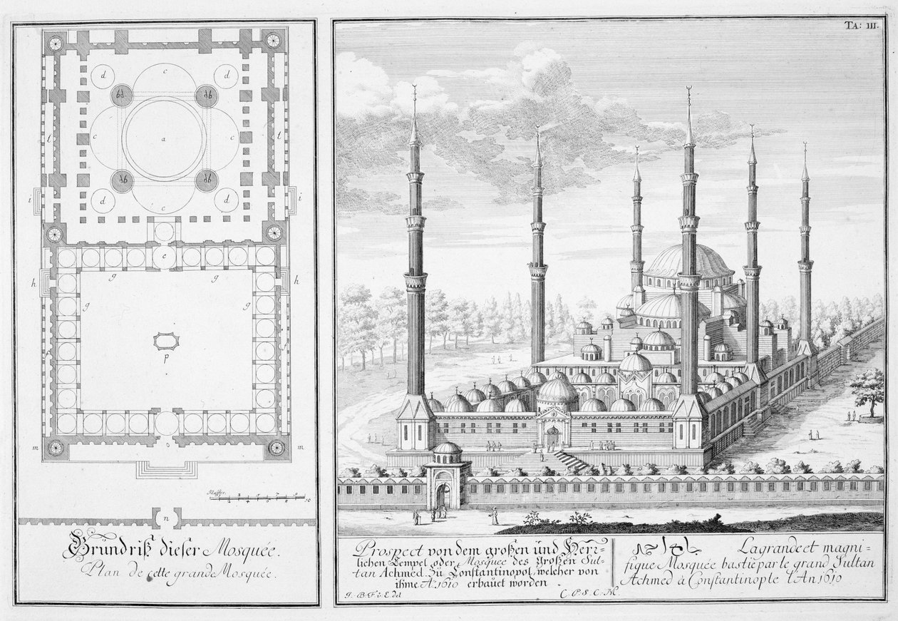 イスタンブールのスルタンアーメド1世（1603-17）が「歴史的建造物の設計」から造ったブルーモスク（1609-16）の平面図と眺め 作： エルラッハのヨハン・ベルンハルト・フィッシャー