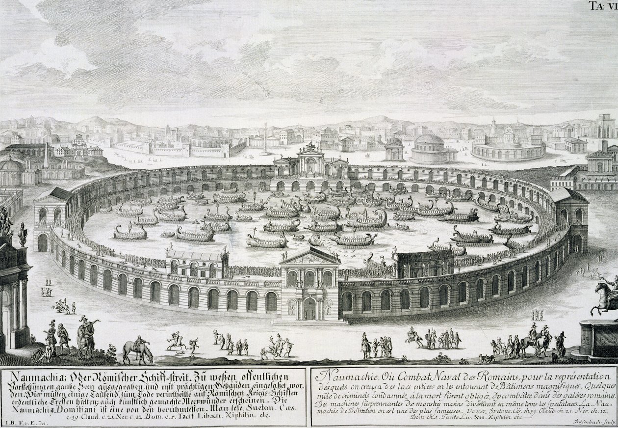 ヨハンアダムデルセンバッハ（1687-1765）、1721年に彫刻された「歴史的建築家の設計」からのローマ海軍の戦いの再構成 作： エルラッハのヨハン・ベルンハルト・フィッシャー