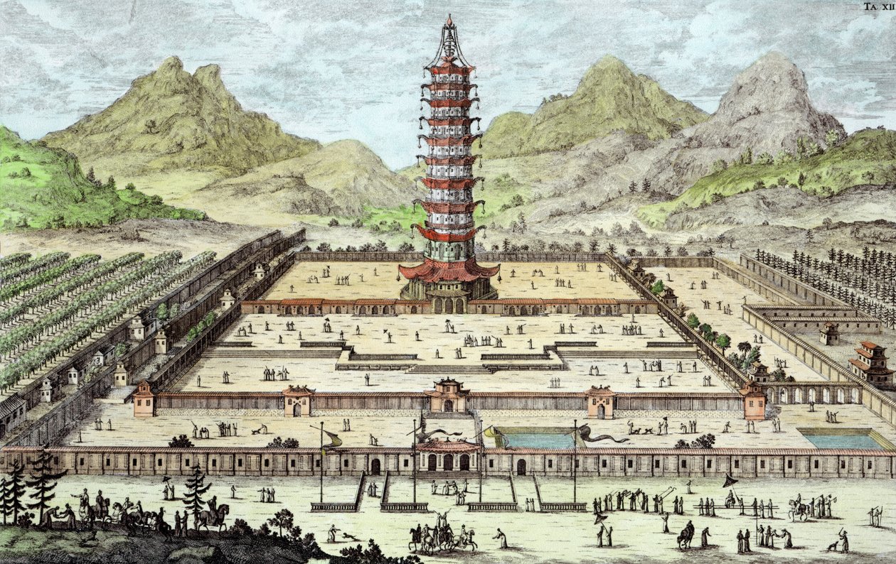 南京の磁器の塔、「歴史的建造物の設計」のプレート12、ヨハン・アダム・デルセンバッハ（1687-1765）1721（後の着色）によって彫刻 作： エルラッハのヨハン・ベルンハルト・フィッシャー