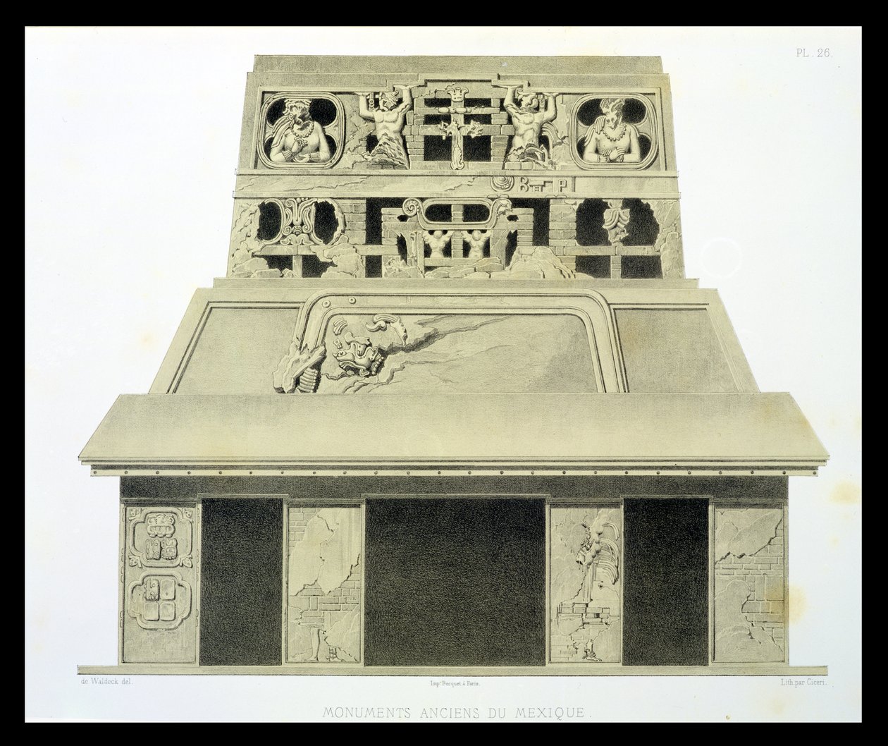 太陽の神殿の正面、パレンケ、「古代メキシコのモニュメント」からのプレート26、ユージーンシセリ（1813-90）1866によって彫刻 作： ヨハン・フリードリヒ・マクシミリアン・フォン・ヴァルデック