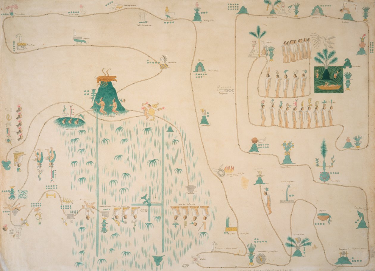 1830年に発行された、アズトランからテノチティトランへのアステカ族の移動のグリフマップ 作： ヨハン・フリードリヒ・マクシミリアン・フォン・ヴァルデック