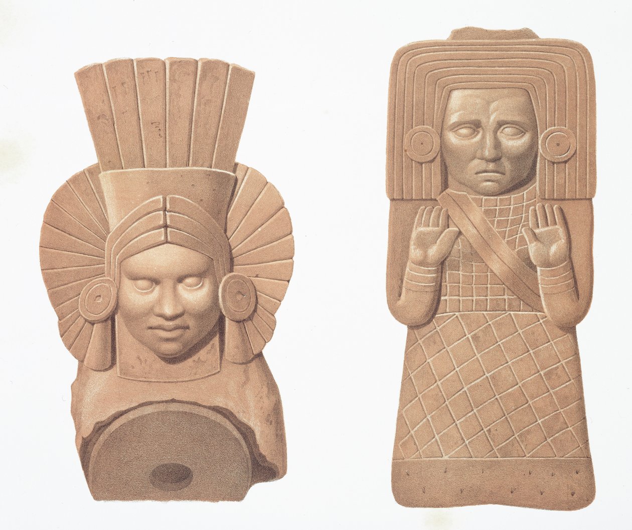 パレンケの女性のテラコッタフィギュア2枚、「メキシコの古代記念碑」のプレート、バチェリエの彫刻、1866年 作： ヨハン・フリードリヒ・マクシミリアン・フォン・ヴァルデック