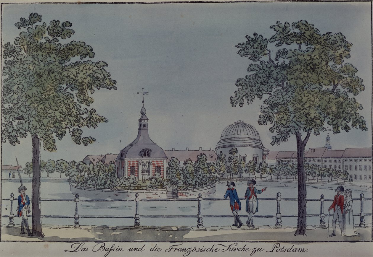 ポツダムのプールとフランス教会、1796年頃（紙にペンとインクとトイレ） 作： ヨハン・フリードリヒ・ナーゲル
