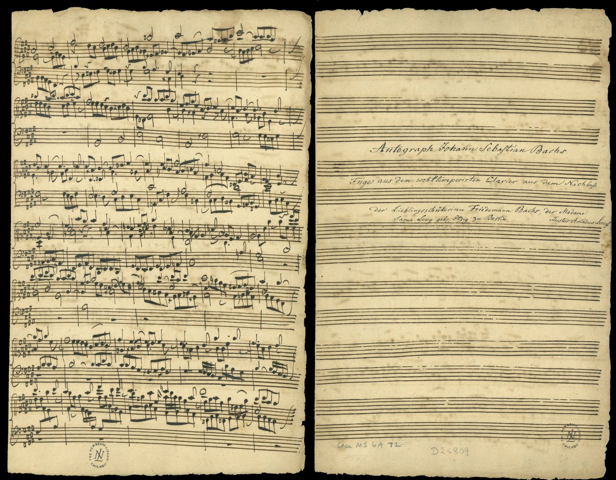 「Wohltemperiertes Klavier」の後半からの「完全なフーガニ長調（no.25）」の直筆スコア 作： ヨハン・セバスチャン・バッハ