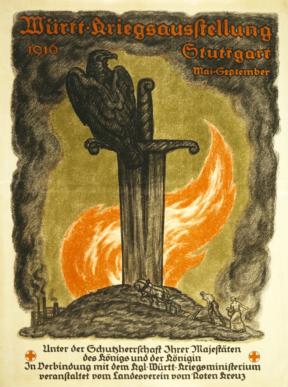 1916年のシュトゥットガルト5月から9月にかけて、赤十字社のヴュルツウォーズ展が主催する戦争展の宣伝ポスター、1916年頃 作： ヨハン・ヴィンツェンツ・シザーズ