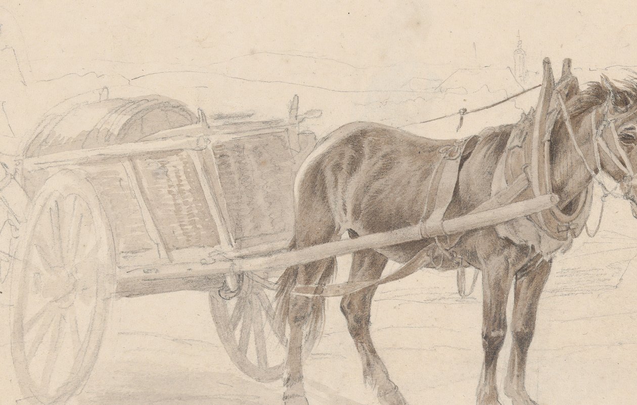 街灯柱の近くで茶色の馬が引くカート、Verso: A Group of Mounted Officers, ca. 1815年。 作： ヨハン・アダム・クライン