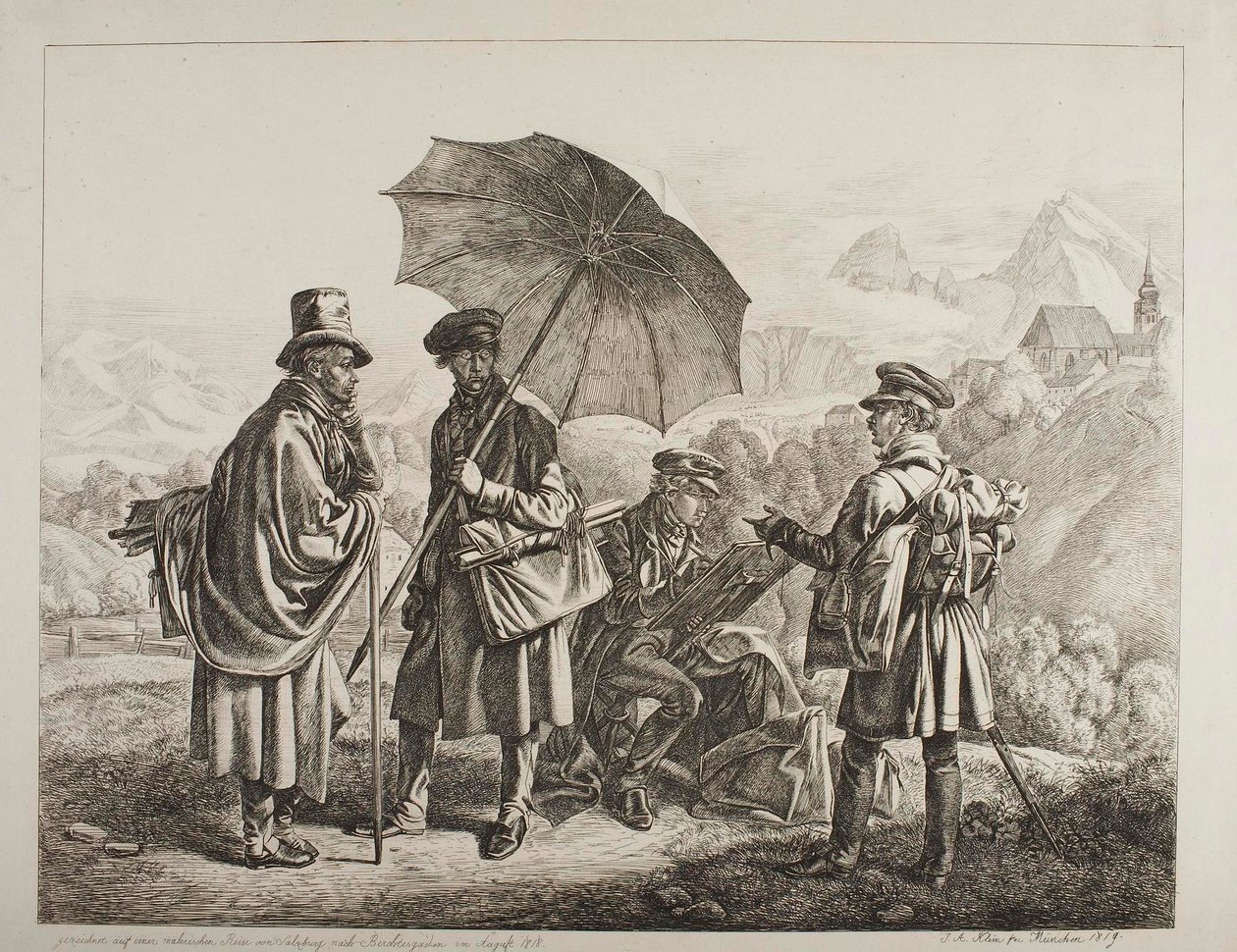 1818年8月、エルンスト・ヴェルカー、ヨハン・クリストフ・エルハルト、そしてハインリヒとフリードリヒ・フィリップ・ラインホルトの兄弟たちが、ザルツブルクからベルヒテスガーデンへと向かう風光明媚な旅に出た。 作： ヨハン・アダム・クライン