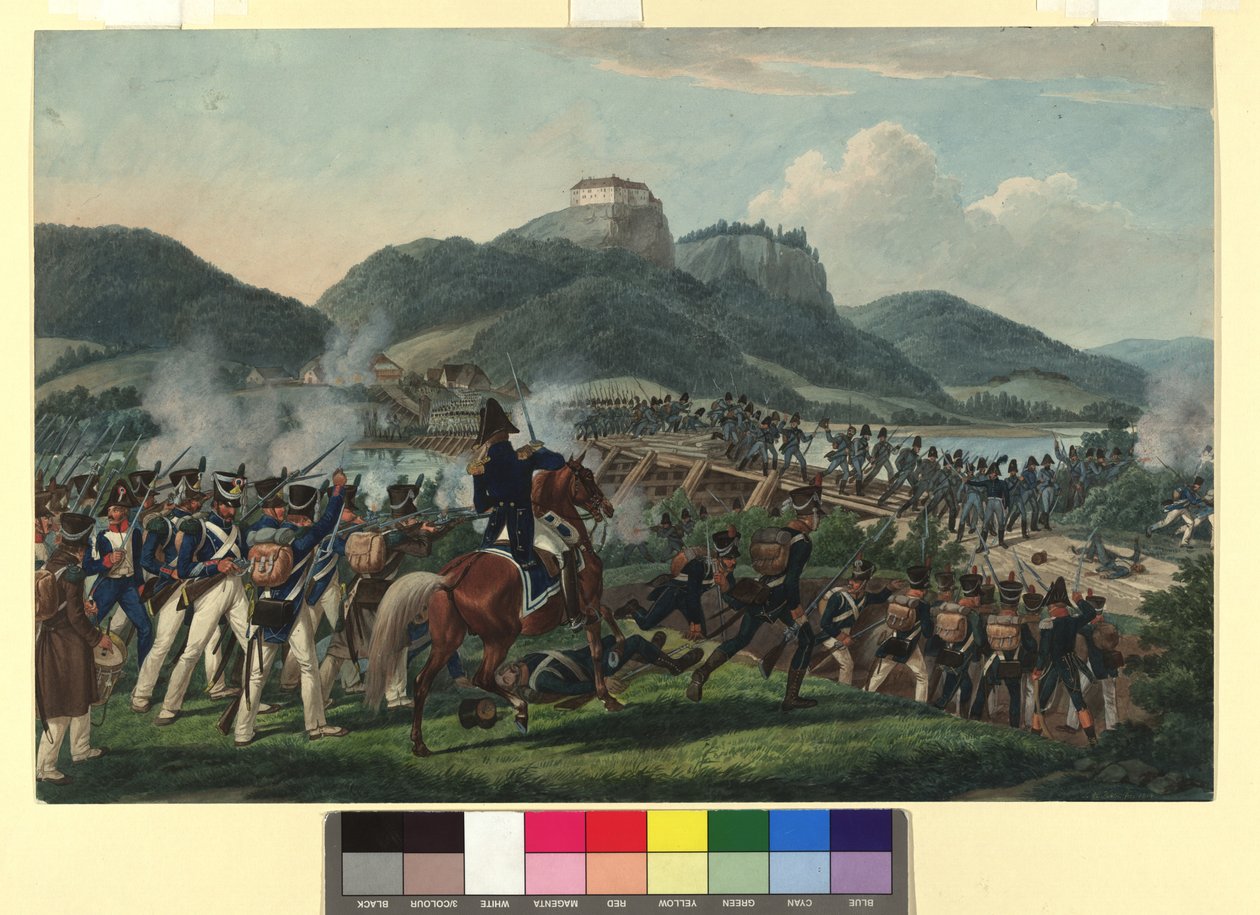 1813年9月19日、ドラーヴァ川のホレンブルク付近におけるヒラー男爵指揮下のオーストリア軍の渡河 作： ヨハン・アダム・クライン