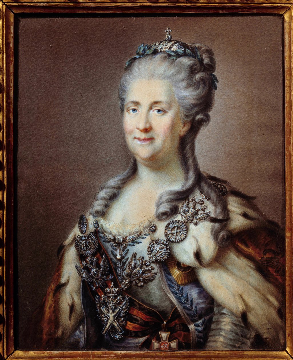 聖アンドレの首飾りと聖ゲオルギウスの十字架の紐をつけたロシア皇帝エカテリーナ2世（1729-1796）の肖像 18世紀の匿名の水彩画、ヨハン・バプティスト・フォン・ランピ（1751-1830）の絵による パリ、美術館 作： ヨハンバプテストI（後）ランピ