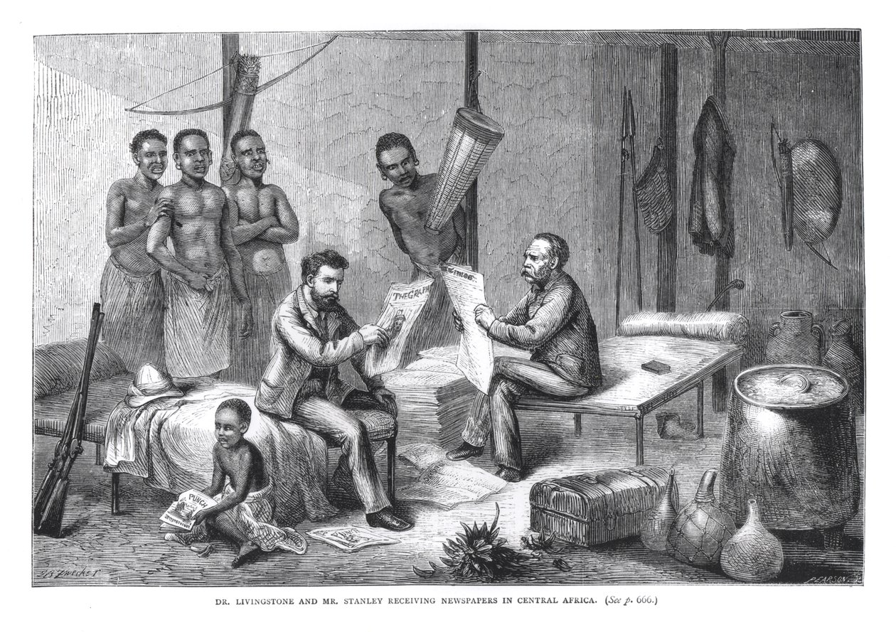 ピアソンによって刻まれた、デビッドリビングストン博士（1813-73）とヘンリーモートンスタンリー（1841-1904）が中央アフリカで新聞を受け取る 作： ヨハン・バプテスト・ツウィッカー