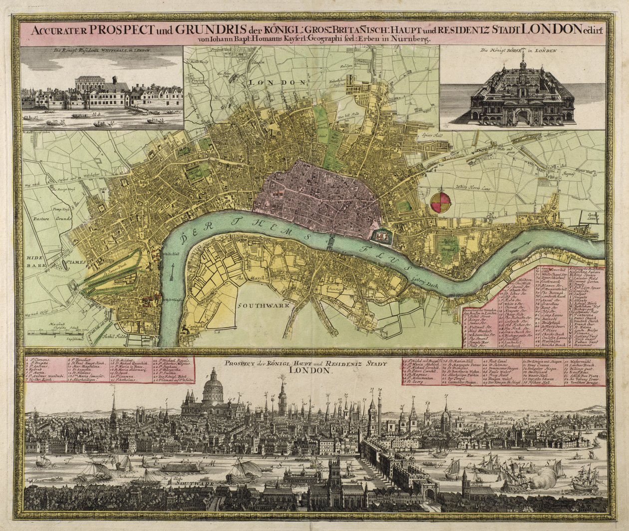 ロンドンの地図と展望、c.1710（手描きの彫刻） 作： ヨハン・バプティスタ・ホーマン