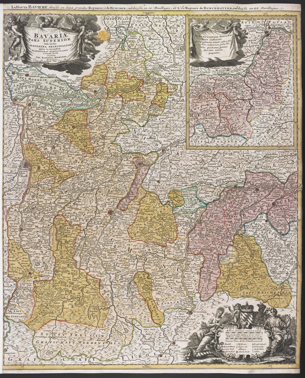 バイエルン州の地図、「Bavariæ Pars Superior」、1715年以降（カラー彫刻） 作： ヨハン・バプティスタ・ホーマン