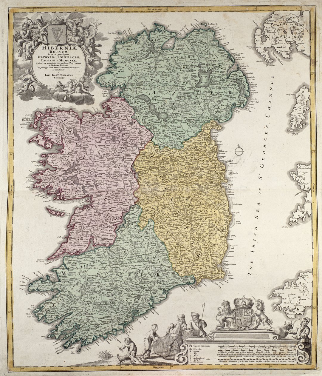 ヨハンB.ホーマン作のアルスター、ミュンスター、コンノート、レンスターの各州を示すアイルランドの地図、c.1730（手描きの彫刻） 作： ヨハン・バプティスタ・ホーマン