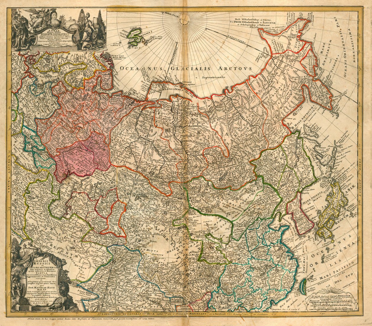 ロシアの地図 (From:Imperii Russici et Tartariae universae tam majoris et Asiatica quam minoris et Europaeae tabula） - Homann, Johann Baptist (1663-1724) - 1738 - 銅版画、水彩画 - 個人蔵 作： ヨハン・バプティスタ・ホーマン