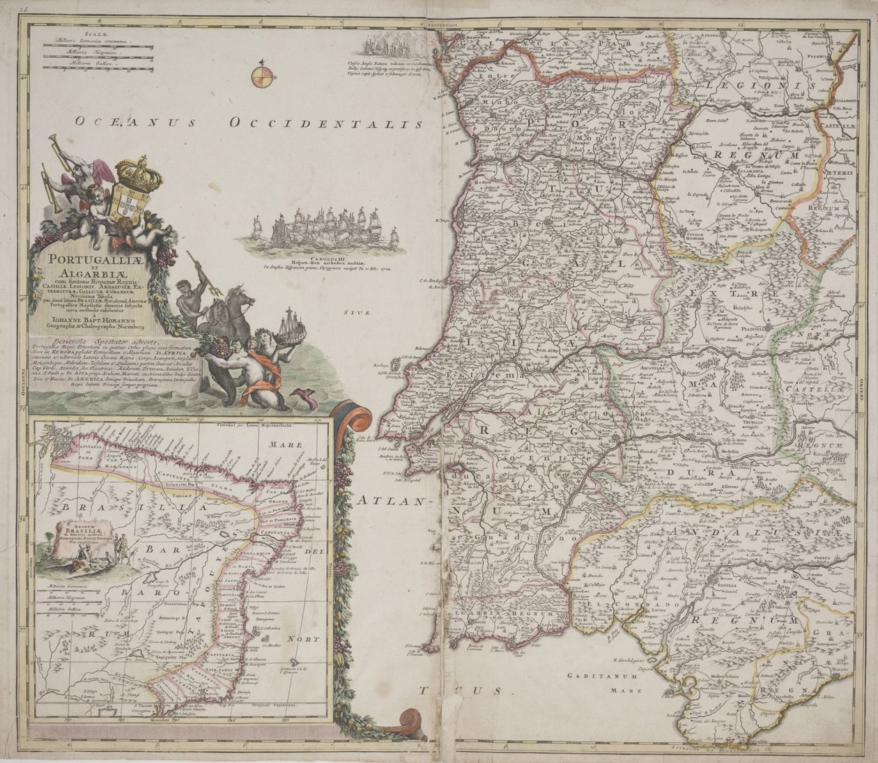 ポルトガルとアルガルヴェ（Portugallia et Algarbiae）、1704年頃（手彩色の銅版画 作： ヨハン・バプティスタ・ホーマン