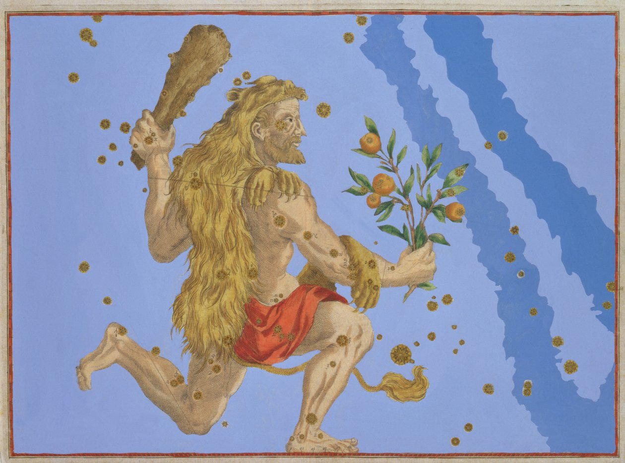 ヘラクレスライオンの毛皮の星座、ヨハンバイエルの「ウラノメトリア」から、アレクサンダーメア（1559-c.1616）1603（手彩色の銅版画）で彫刻 作： ヨハン・バイエル