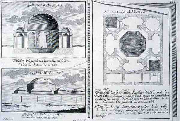 ハンガリー、ブダペストの皇室浴場の平面図、立面図、断面図（「Entwurf einer historischen Architektur」より 作： ヨハン・ベルンハルト（後）フィッシャー・フォン・エルラッハ