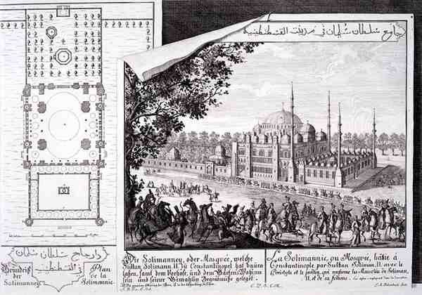 イスタンブール、スレイマニエ・モスクの平面図と眺望（「Entwurf einer historischen Architektur」より）、Johann Adam Delsenbach作 作： ヨハン・ベルンハルト（後）フィッシャー・フォン・エルラッハ