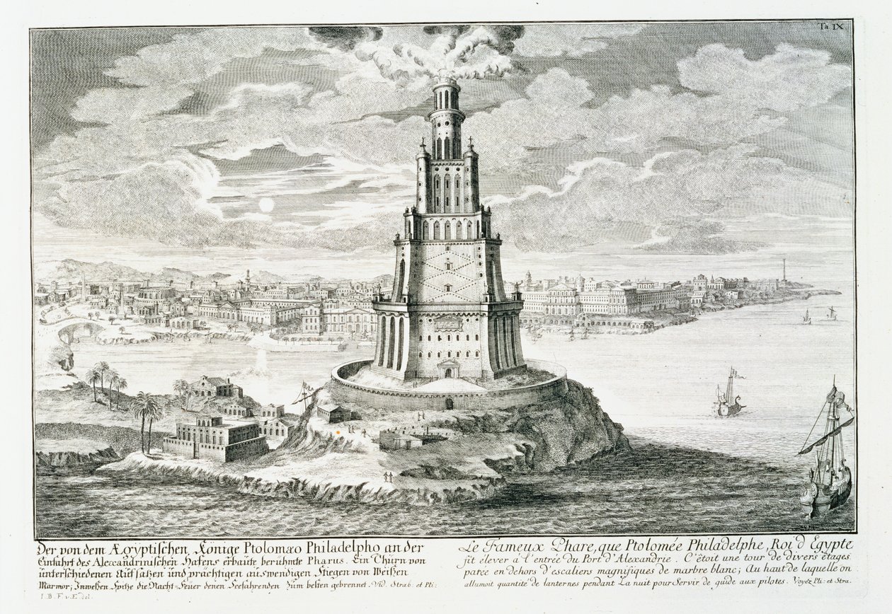 アレキサンドリアのファロス、「Entwurf einer historischen Architektur」のプレート9、Johann Adam Delsenbach (1687-1765) 1721年 (エングレーヴィング) 作： ヨハン・ベルンハルト（後）フィッシャー・フォン・エルラッハ