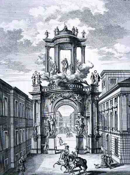 ヨハン・アダム・デルゼンバッハ（1687-1765）が1721年に彫った「Entwurf einer historischen Architektur」より、ウィーンの凱旋門（エングレーヴィング 作： ヨハン・ベルンハルト（後）フィッシャー・フォン・エルラッハ