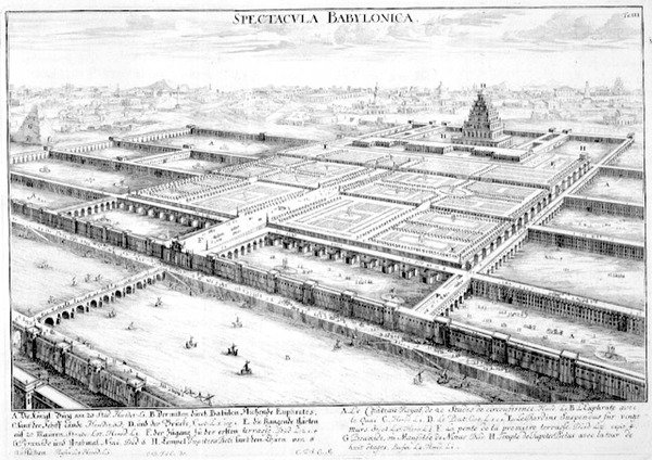 空中庭園とジュピター・ベルス神殿を示す古代バビロンの眺め、プレート3、「Entwurf einer historischen Architektur」より、Johann Adam Delsenbach (1687-1765) 1721年 (エングレーヴィング) 作： ヨハン・ベルンハルト（後）フィッシャー・フォン・エルラッハ