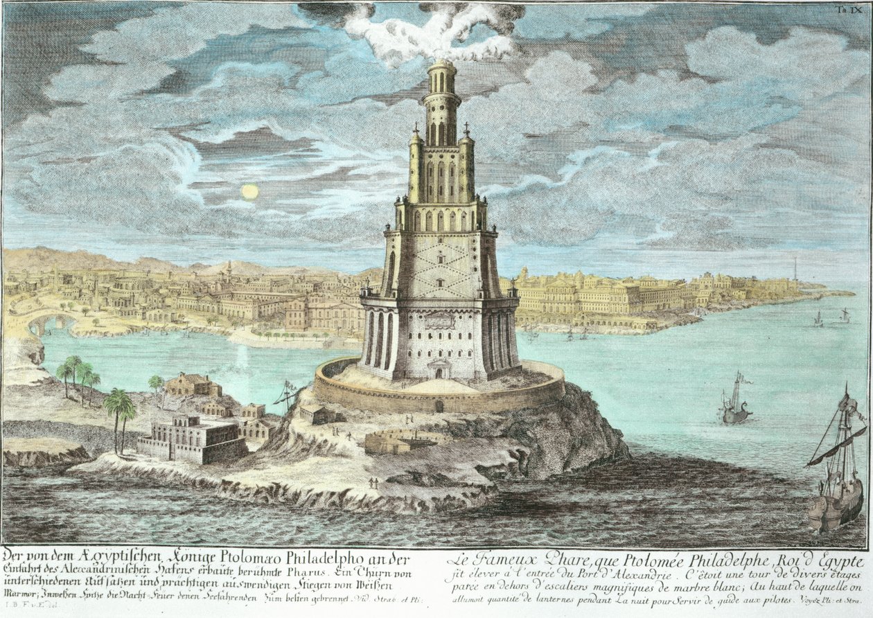ヨハンアダムデルゼンバッハ（1687-1765）によって彫刻されたEntwurf einer historischen Architekturから、エジプトのプトレマイオス大王（紀元前30年後36年）によって建てられたアレクサンドリアの灯台、1721年（後の色） 作： エルラッハのヨハン・ベルンハルト・フィッシャー