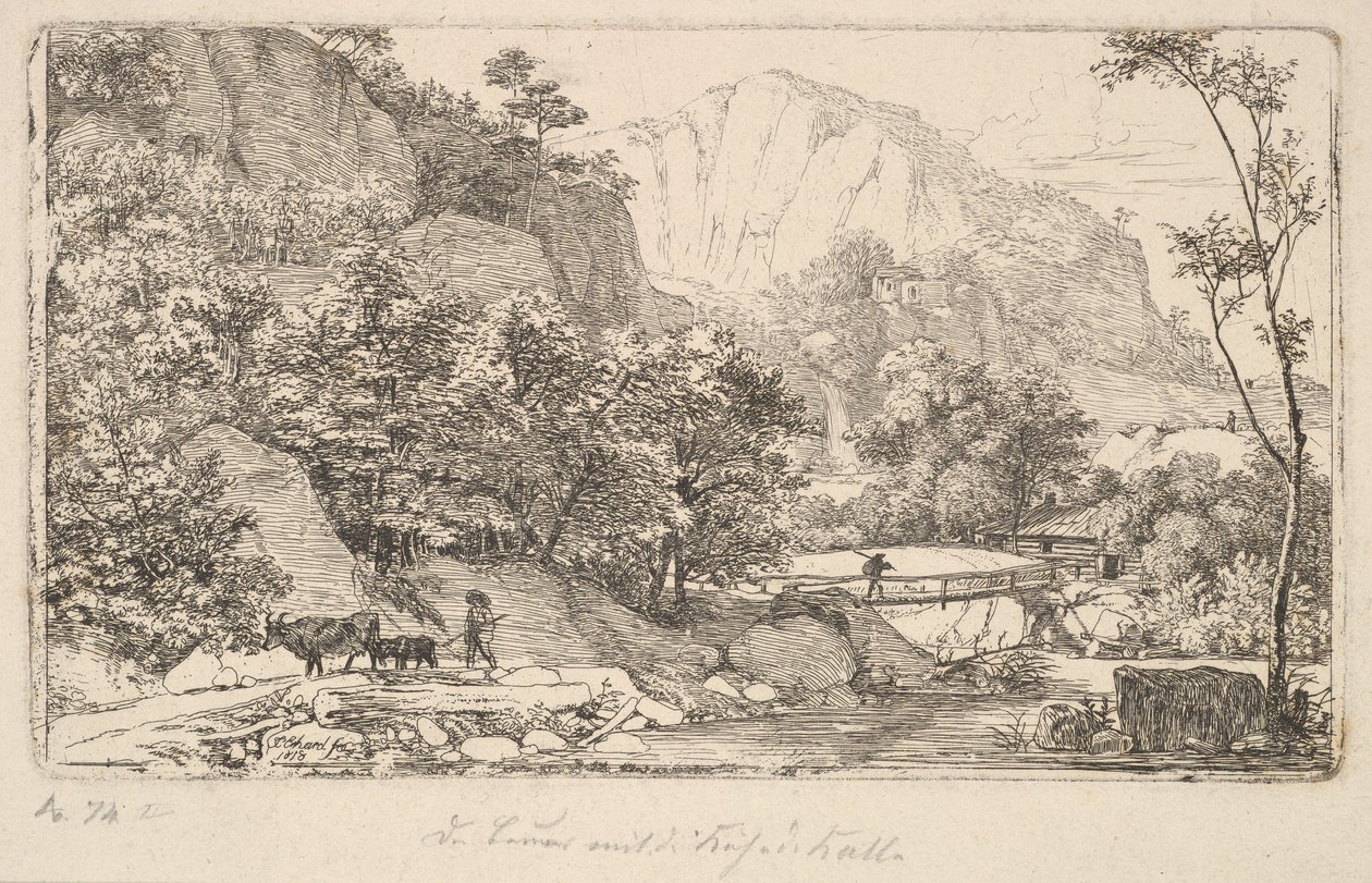 1818年、ベルヒテスガーデン近くのウンターベルクにいる牛と子牛の農民。 作： ヨハン・クリスチャン・エアハルト