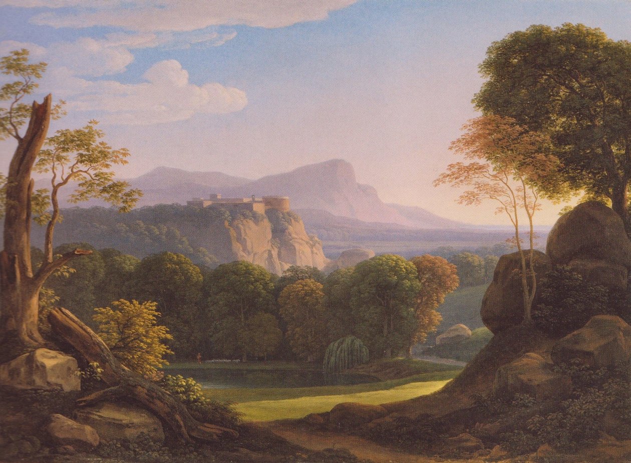 ドイツ語：Italienische Landschaft mit Schloss auf einem Bergrücken 尾根に城のあるイタリアの風景 作： ヨハン・クリスチャン・ラインハート
