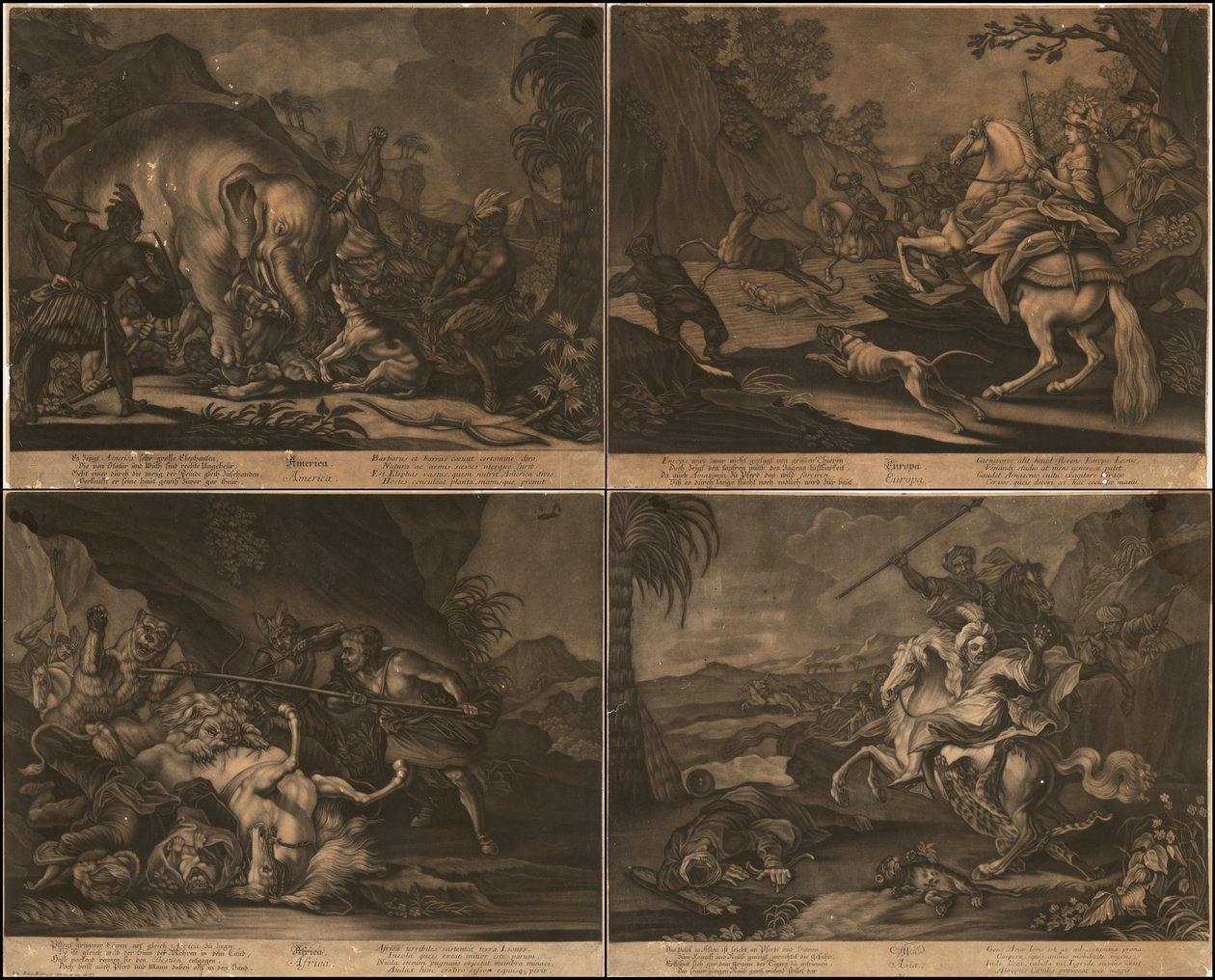 年頃1770年、アフリカ、アジア、アメリカ、ヨーロッパの寓意的メゾチントを1ページに掲載 作： ヨハン・エリアス・ライディンガー