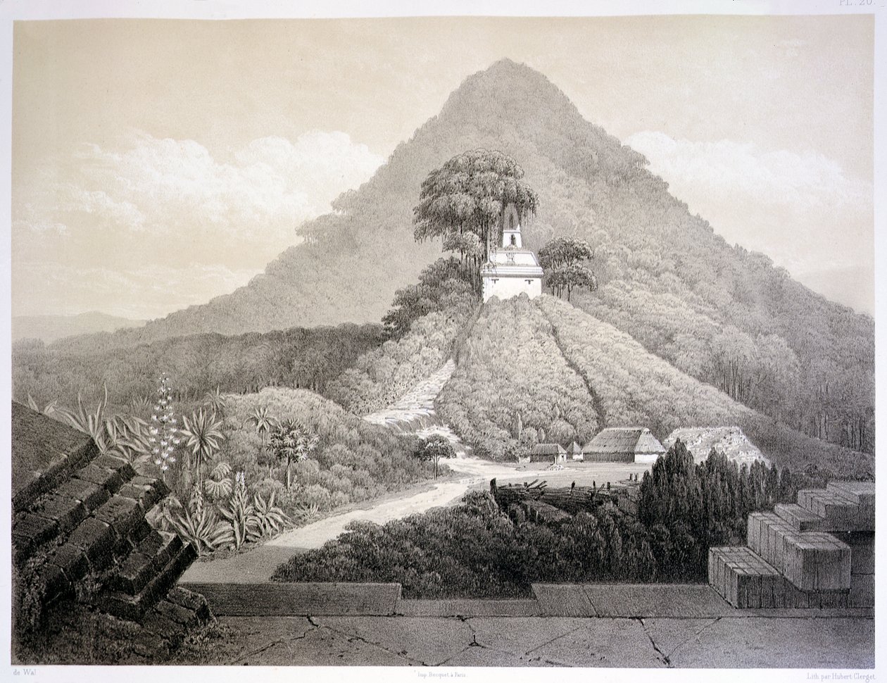 パレンケの十字架の神殿の絵のような景色、「メキシコの古代遺跡」のプレート20、ユベール・クレルジェ（1818-99）の彫刻、1866年（リトグラフ）。 作： ヨハン・フリードリッヒ・マクシミリアン・フォン（後）ヴァルデック