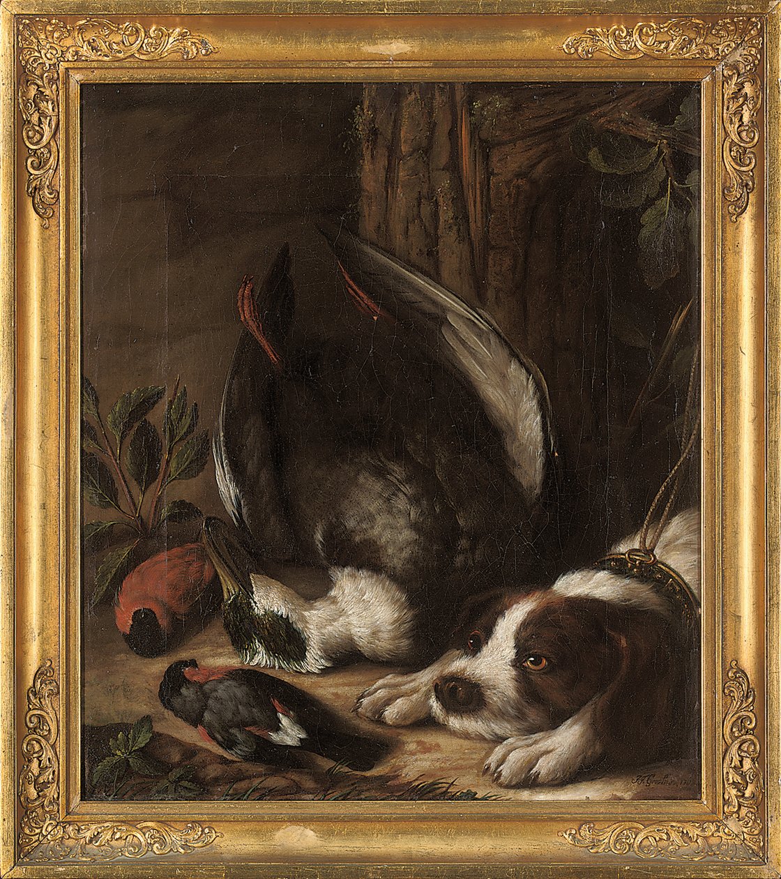 狩猟犬とその獲物、1768年 作： ヨハン・フリードリッヒ・フォン・グルース