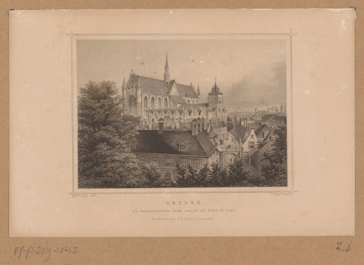 ライデンのホーグランド教会の眺め Leyden、De Hooglandsche kerk は、ブルクから見ることができます (オブジェクトのタイトル) 作： ヨハン・ガブリエル・フリードリッヒ・ポッペル