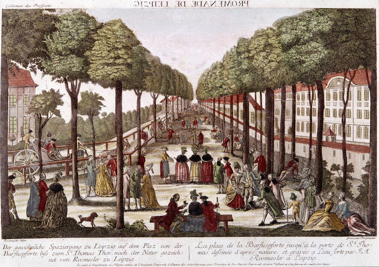 18世紀末のライプツィヒの遊歩道。ロスメスラー＆ベルグミュラーの版画。 作： Johann Georg Bergmuller