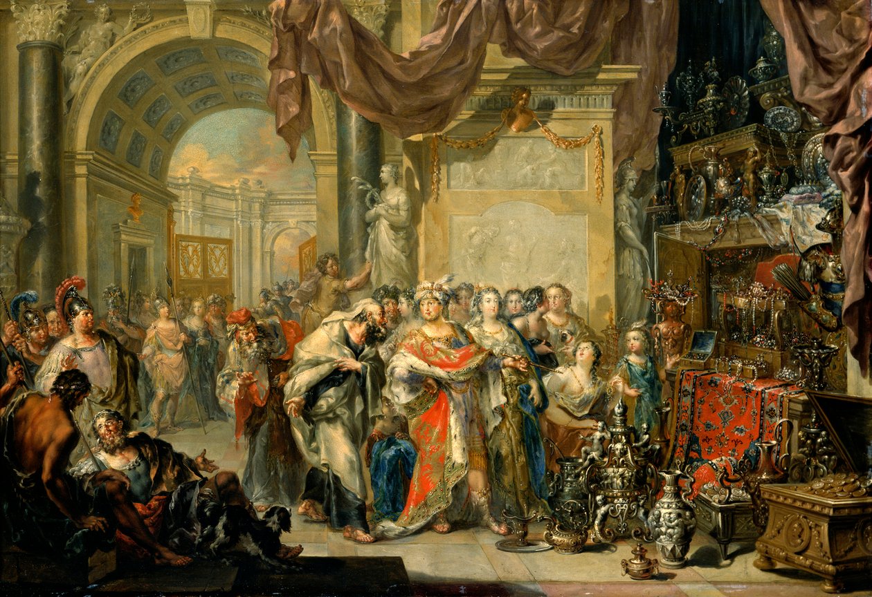 ""Cresus (596-546 avant JC) montre ses tresors a Solon (640-558 av. JC)" - Croesus and Solon - Johann Georg Platzer (1704-1761) による銅に油彩 - State Art Gallery、ドレスデン 作： ヨハン・ゲオルク・プラッツァー