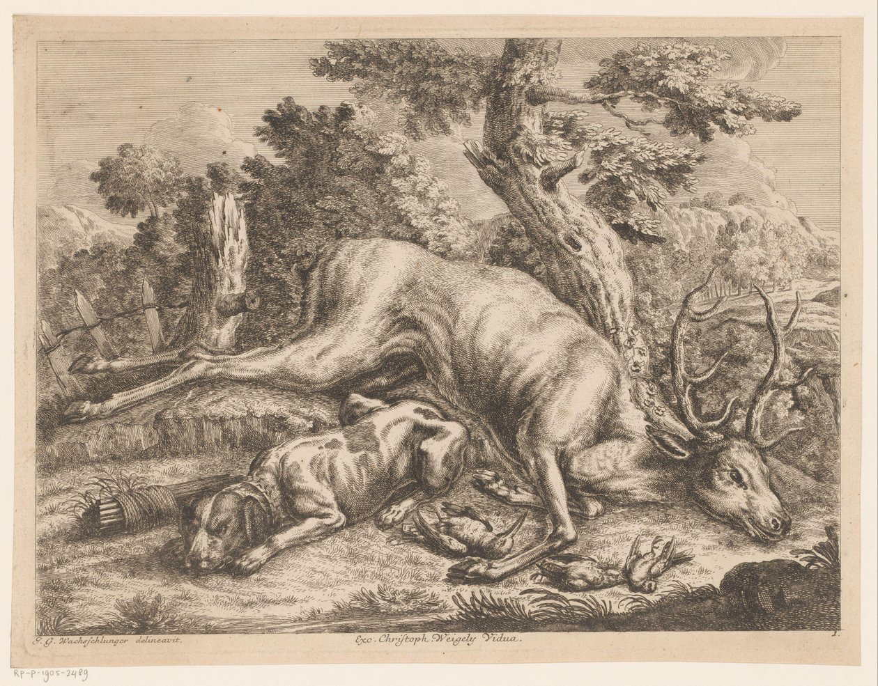 鹿と鳥と一緒に狩猟犬と狩猟戦利品 外で狩り（連載タイトル） 作： Johann Georg Wachsschlunger
