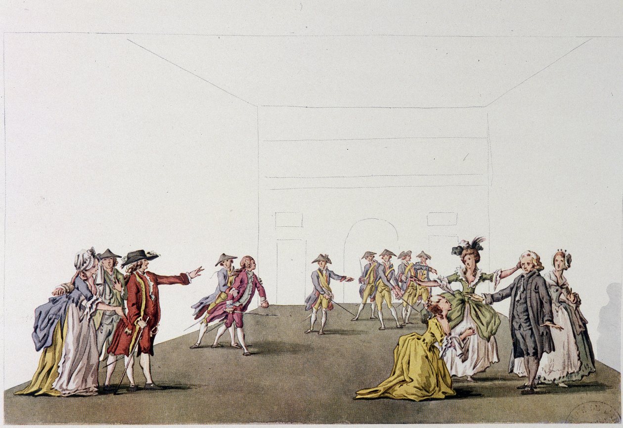 ドニ・ディドロの「家族の父」の最後の場面 - Fac simile - "Histoire generale illustree du theatre "のZiesenis, Coutellierの絵の後のエングレーヴィング。 作： ヨハン・ゲオルグ・ジーゼニス