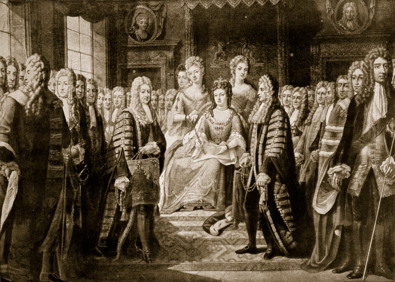 1706年にアン女王に贈られた連合の記事、「ハッチンソンのイギリス国民の物語」、1923年頃のイラスト 作： ヨハン・ゲルハルト・ハック