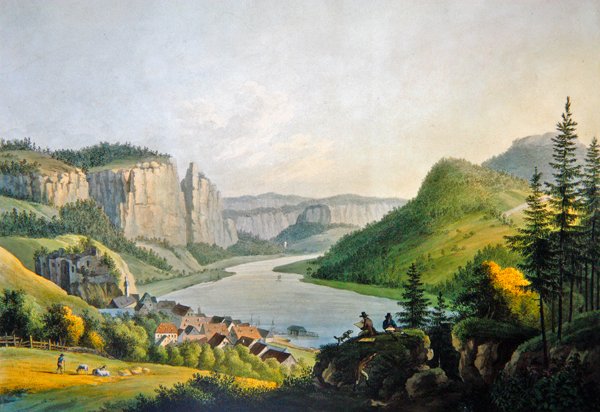 Johann-Friedrich Wizani (1770-1835)が彫刻したザクセン州Konigstein近くのエルベ川沿いのWehlenの眺め（カラー彫刻）。 作： ヨハン・ゴットフリート（後）ジェンチ