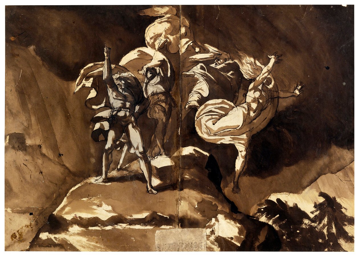 マクベスとバンクォーの上に浮かぶ魔女たち（Les sorcieres flottant au dessus de Macbeth et Banquo） - par Fussli (Fuseli), Johann Heinrich (1741-1825), - ペン、ブラシ、茶色の墨、白の色、黒のチョーク、紙、46,5x66,2 - Private Collection 作： ヨハン・ハインリッヒ・フュッスリ