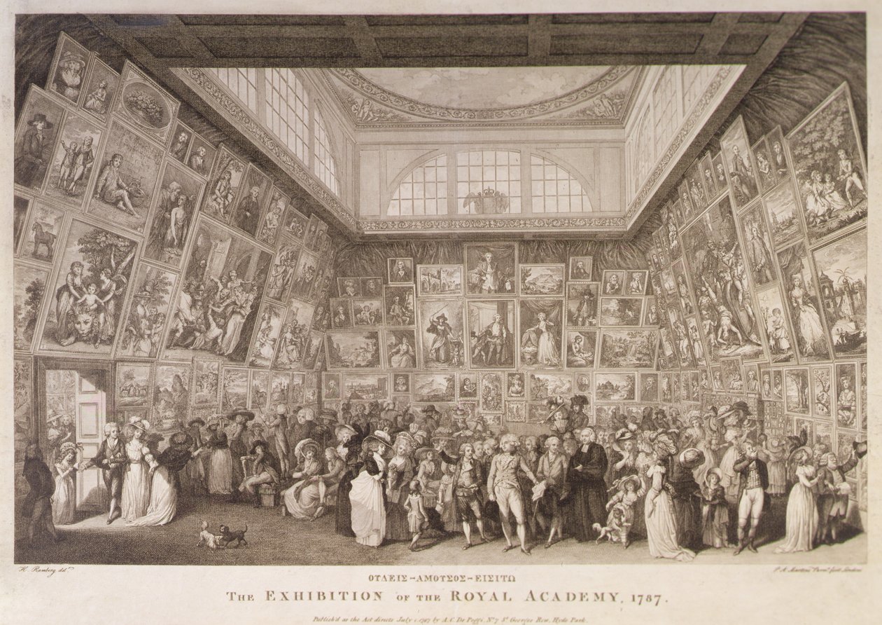 1787年に開催されたロイヤル・アカデミー・オブ・アートの展覧会を示すサマセット・ハウスの内観 作： ヨハン・ハインリッヒ・ランバーグ