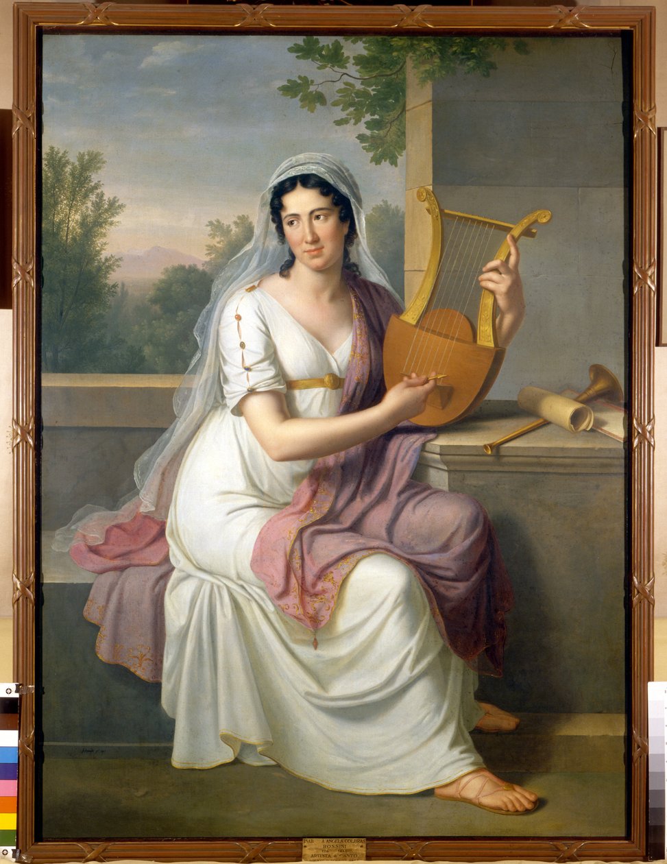 竪琴を持つスペイン人歌手イザベル・コルブラン（1785-1845）の肖像画 ヨハン・ハインリッヒ・シュミット（1749-1829）による絵画 1817年 ミラノ、スカラ座博物館 作： ヨハン・ハインリッヒ・シュミット