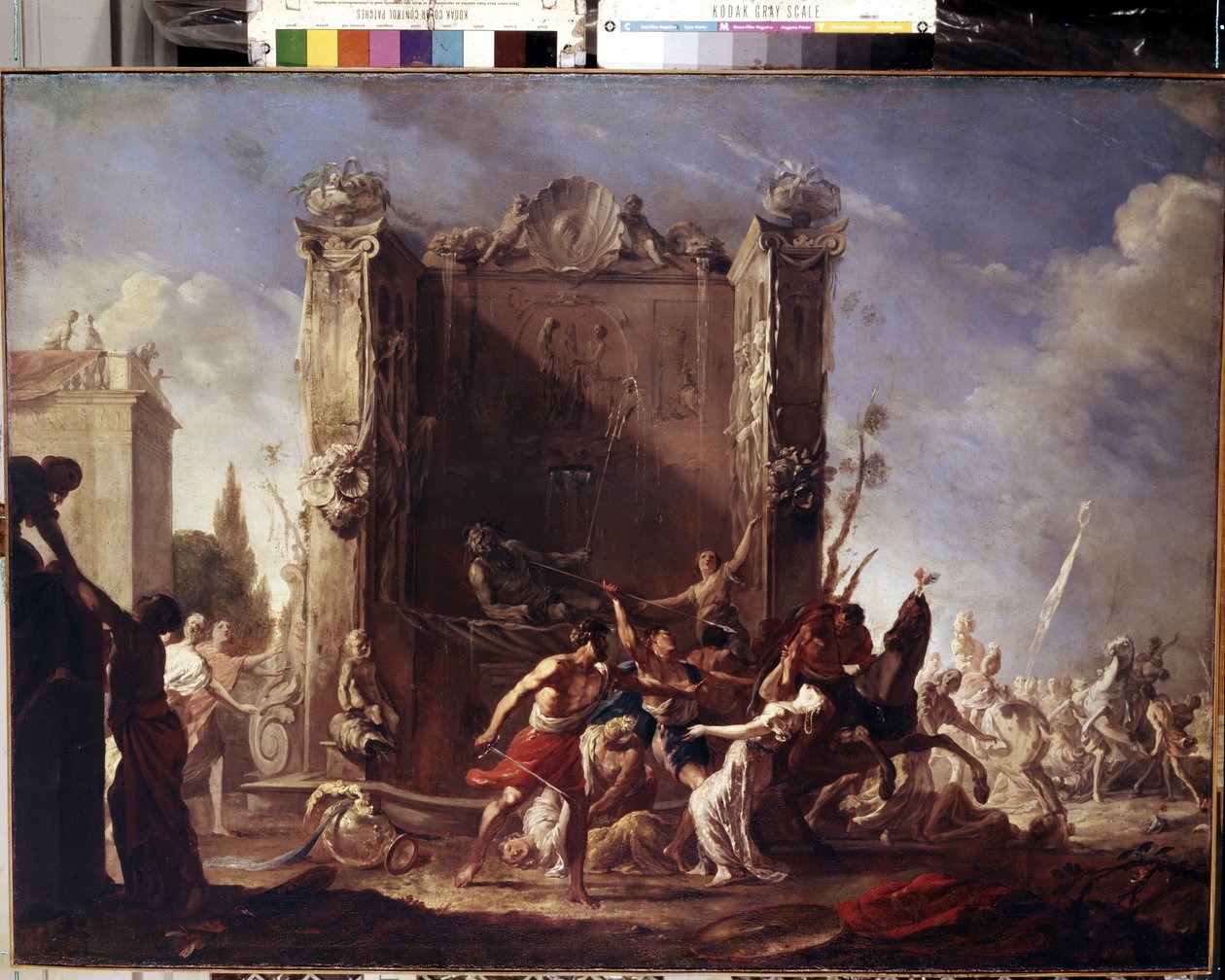 サビニ族の女性のレイプ。 Johann Heinrich Schoenfeld (1609-1684) の絵画。 キャンバスに油彩、98.5 x 134 cm、1630 ～ 1640 年頃。 ドイツ美術、バロック美術。 エルミタージュ美術館、サンクトペテルブルク。 作： ヨハン・ハインリッヒ・シューンフェルト