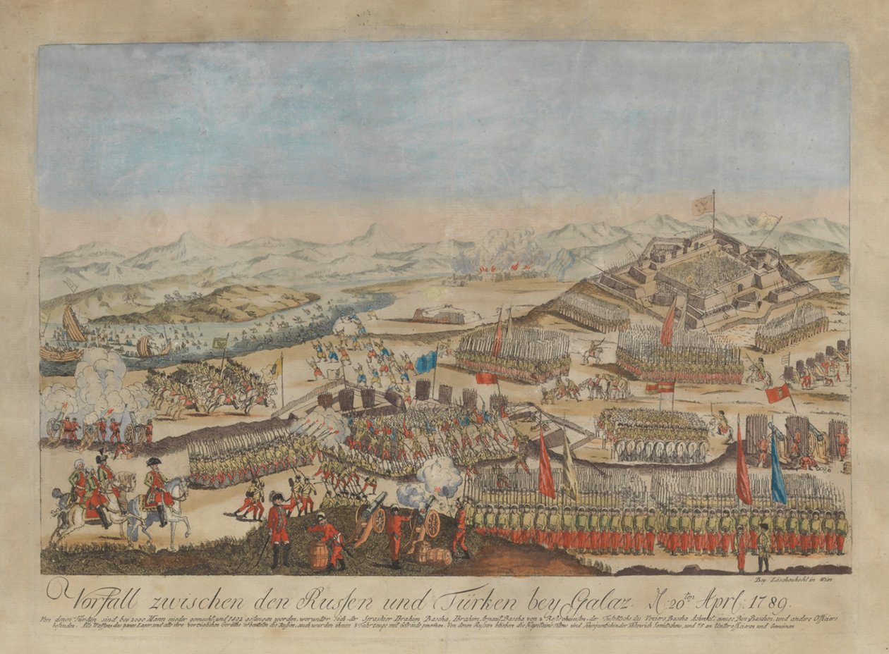1789 年 4 月 20 日のガラティでのロシア軍とオスマン軍の間の事件。 作： ヨハン・ヒエロニムス・レッシェンコール