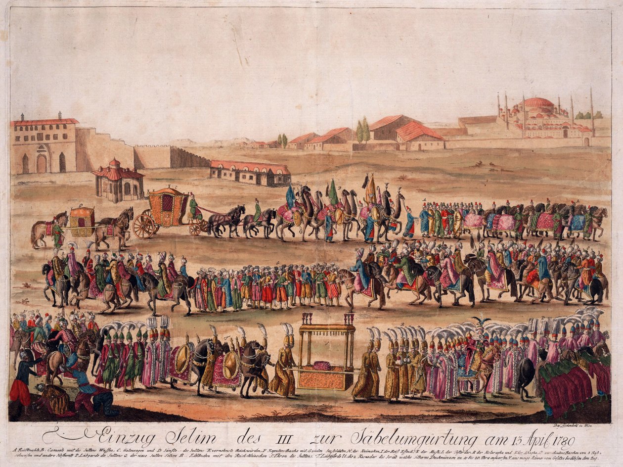 1789年4月13日のスルタン・セリム3世（1761-1808）の剣を帯びた入場 - Loeschenkohl, Johann Hieronymus (1753-1807) - 1789 - エッチング、水彩画 - 38,6x50,2 - 個人蔵 作： ヨハン・ヒエロニムス・レッシェンコール