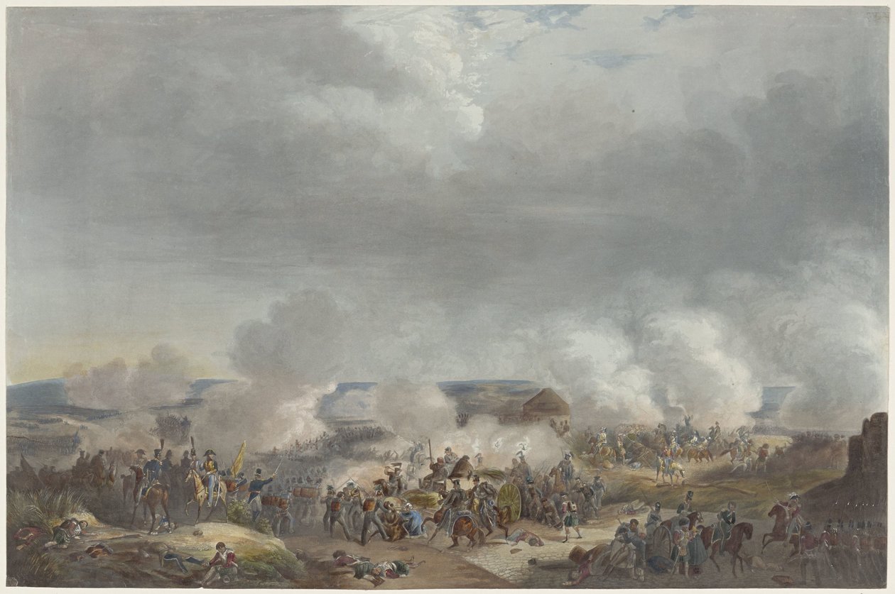 1815年、カトルブラの戦いでのオラニエ公 1815 年のウィリアム 1 世のブリュッセル到着と就任式、およびカトル ブラとワーテルローの戦いを描いた 12 枚のプレート (シリーズ タイトル) 作： Johann Hurlimann