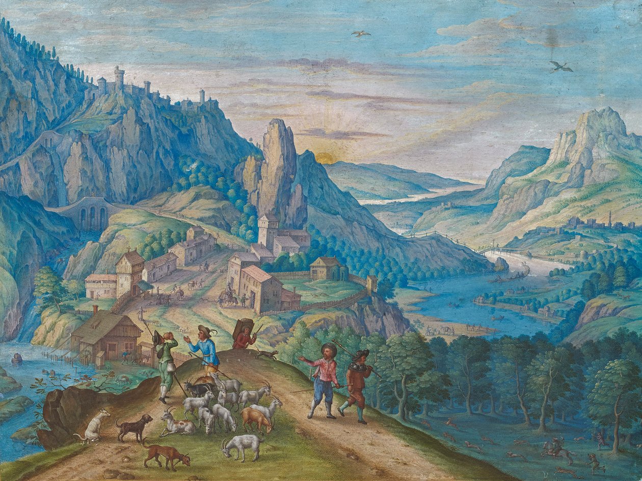 渓流と人物のいる夕暮れの山の風景 1640年 作： ヨハン・ヤコブ・ベッセラー